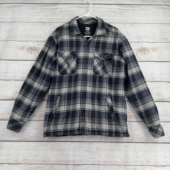 QuikSilver Plaid Sherpa Lined Flannel Shacket Jacket Mens Medium Gray Blue - Picture 1 of 10
